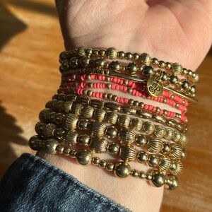 Gold Beaded Wrap Bracelet with Coral Pink Accents
